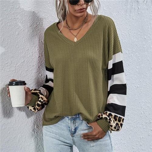 Autumn Stripe Ladies T Shirt Leopard Patchwork Casual V Neck Long Sleeves Pullover Streetwear Women Loose T Shirt