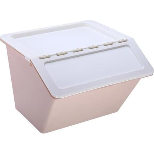 Superimposable Plastic Receptacle Box With Beveled Opening In Front Of Cover For Baby Toys, Clothes And Snacks