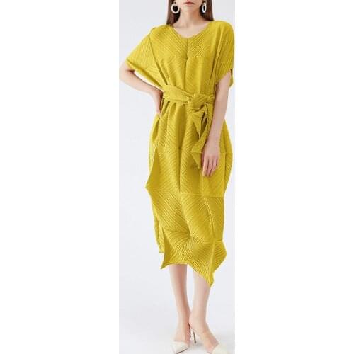 Issey miyake pleated plus size yellow chiffon woman dress 2021 summer new loose belt o-neck dress elegant for woman