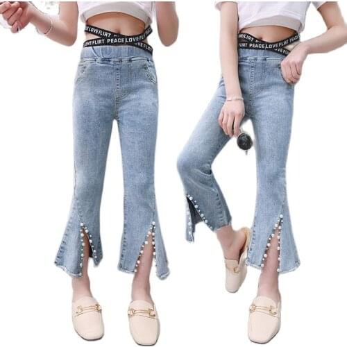 Split Beading Flare Jeans For Big Girls Fashion Irregulare Elastic Slim Denim Pants Toddler Kids Clothing Teen Trousers 12 13 14