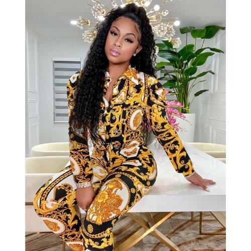 RMSFE 2021 Ladies Long Sleeve Lapel Single Breasted Fashion Casual Gold Chain Gold Printing Two-Piece Set