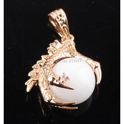 RONGZUAN Natural White Jades Stone Round Ball Bead Dragon Claw Crystal Reiki Chakra Pendant Necklace 18" Chain Jewelry TN3102