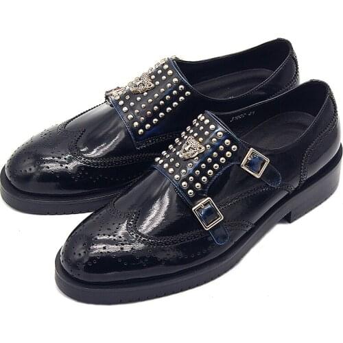 Fashion Rivet Party Shoes Black Genuine Leather Buckle Carved Mens shoes High Top shoes for men