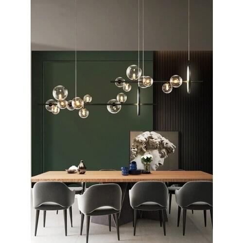 Modern Dining Room LED Chandelier Restaurant Coffee Shop Clear Glass Ball Hanging Light Office Bar Deco Long Pendant Lamp Black