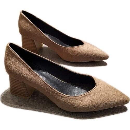 Spring Pointed Toe Single Shoes Women Shallow Mouth Thick Heel High Heel Korean Suede Mid-heel All-match Professional Work Shoes