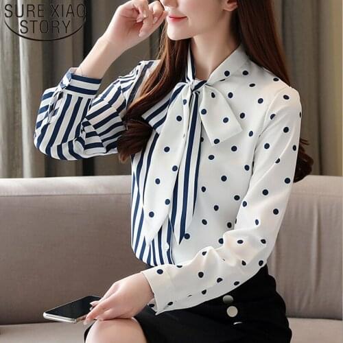 Spring Blusas Mujer De Moda 2021 Long Sleeve Chiffon White Women Shirts Bow Wave Dot Striped Female Blouses Ladies Tops 8477 50