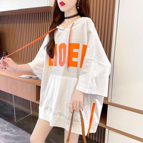 Short-Sleeved T-shirt Hooded Womens New Style Summer Loose Zip Split Pure Cotton Top Clothes