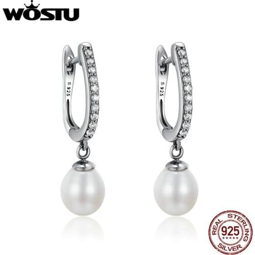 WOSTU 100% Pure 925 Sterling Silver Graceful Freshwater Pearl, Clear CZ Drop Earrings For Women Jewelry Brincos Gift CQE194