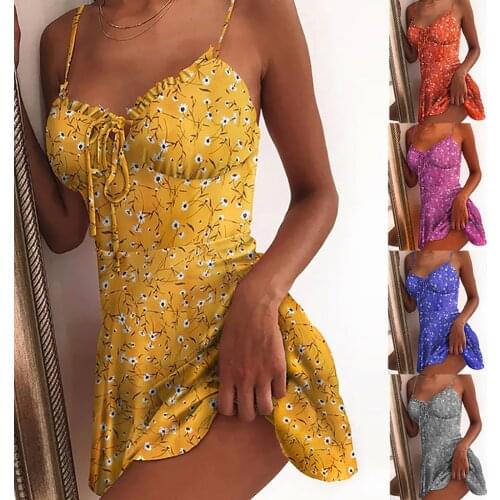 35# Women Summer Dress Sexy Cami Straps Floral Print Suspender Dress Sleeveless Mini Dress Evening Party Ladies Holiday Beach