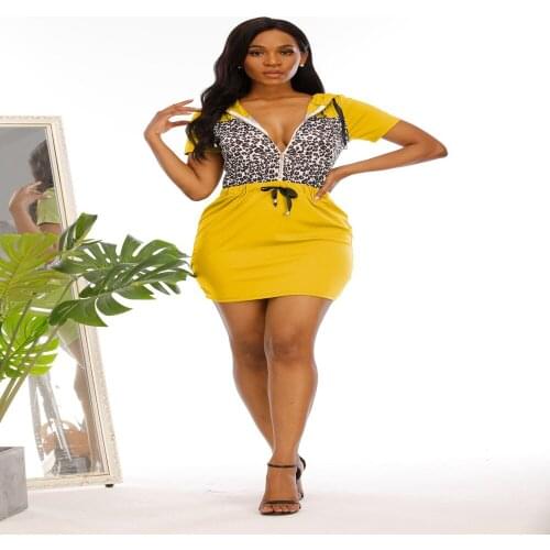 Summer Dress Women Robe Femme Leopard Print Pencil Dresses Drawstring Zipper Short Sleeve Mini Dress For Woman Clothing Vestidos