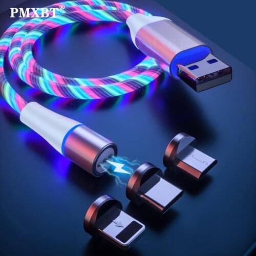 3 in 1 LED Streamer Magnetic Cable Micro USB Type C Cable For iPhone Lightning Cable Samsung Xiaomi Huawei Charging Charge Cable