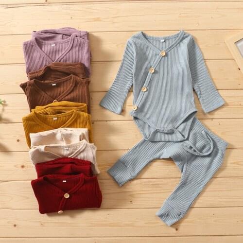 Infant Newborn Baby Girls Boys Spring Autumn Ribbed Solid Clothes Sets Long Sleeve Bodysuits + Elastic Pants 2PCs Solid Outfits