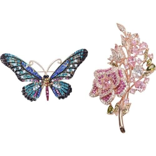 Green Butterfly Brooch Mix Color Rhinestone Brooches & Pink Cubic Zirconia Rose Flower Suit Brooch Lady Scarf Button