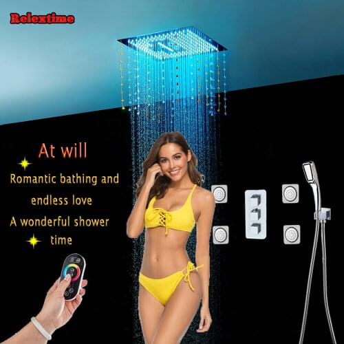 Crystal Quartz LED Ceiling Rainfall Shower Set Massage Spray Mist Bathroom 5 Way Concealed Install Thermostatic Shower Faucet