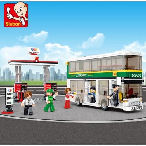 SLuban Bouble Decker Bus And Gas Educational Toy Childrens Assembled Car Model Building Block Minifigures Toy Gift For Kids