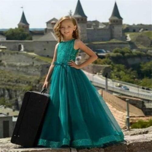 Lace Formal Party Dresses For Wedding Guest High Jewel Corsst Back Flower Girl Dress With Sleeves