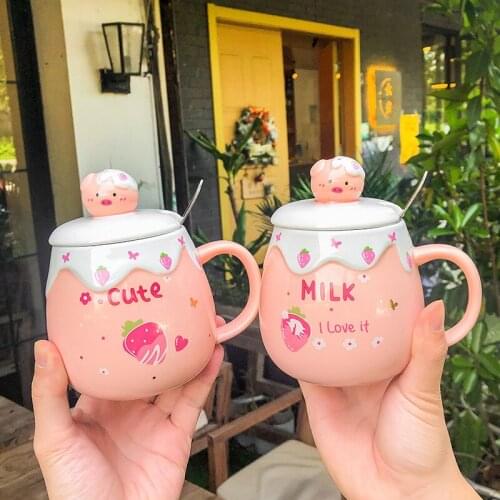 Pink strawberry pig mug with lid spoon,coffee cup animal coffee ceramic mugs office cup office Drinkware couple cup gift