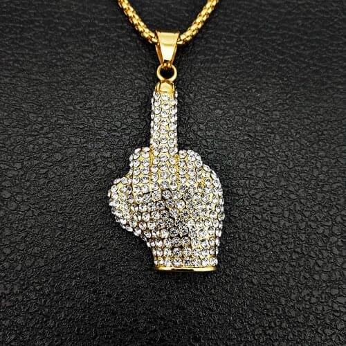 Aglare Iced Out Pendant Stainless Steel Necklace Pendant Hip Hop Midfinger Rhineston Jewelry Crystal Hand Pendant