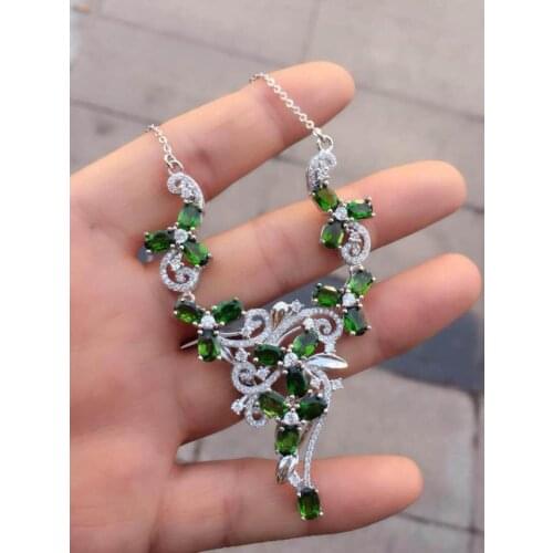 Natural green diopside Necklace Natural Gemstone Pendant Necklace S925 sliver women Luxury Flowers Leaves party fine Jewelry