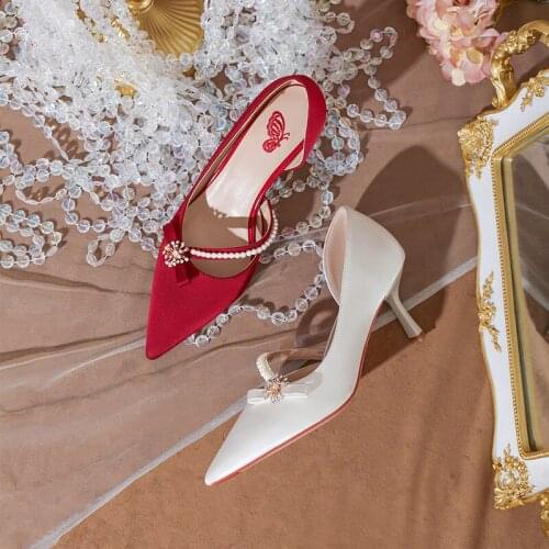 Spring and summer new satin high-heeled pearl bow bridal wedding shoes banquet dress all-match fashionable womens sandals