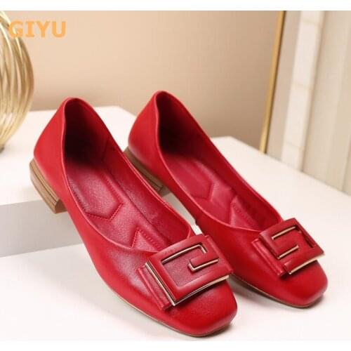 Genuine Leather Womens Singles Shoes 2021 Spring Shallow Mouth Low Heels Soft Sole Mother Shoes Plus Size 35-43 Black Red Beige