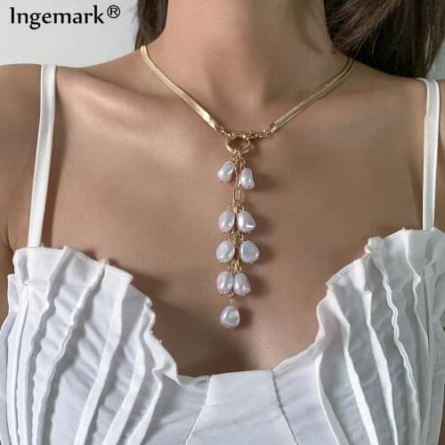 YOUVI Irregular Pearl Pendant Necklaces Simple Boho Sex Snake Chains Necklace for Women Round Circle Lock Choker Collar Jewelry