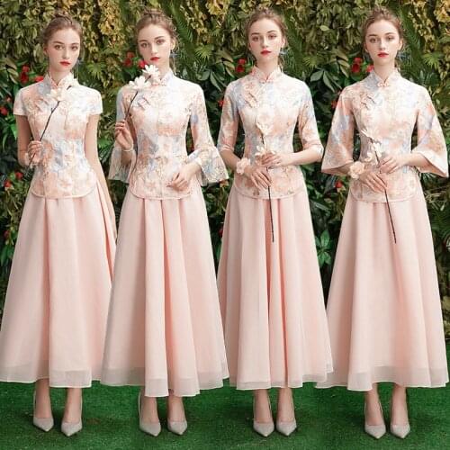 Bridesmaid Wedding Dress Chinese Women Evening Party Dresses 2PCS Flower Qipao Vintage Ladies Embroidery Cheongsam Vestidos 3XL