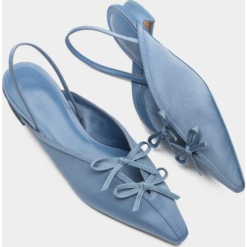 2021 Summer Modern Sandals Blue Silk Elegant Slingback Single Shoes Muller Shoes Net Red Butterfly-knot Roman Sandalias Mujer