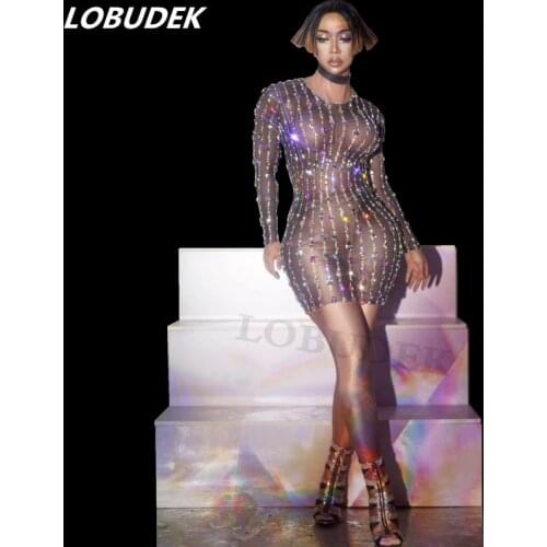 Sexy Transparent Shiny Rhinestones Striped Mesh Short Dress Women Birthday Prom Stretch Crystals Dress Evening Singer DS Dresses