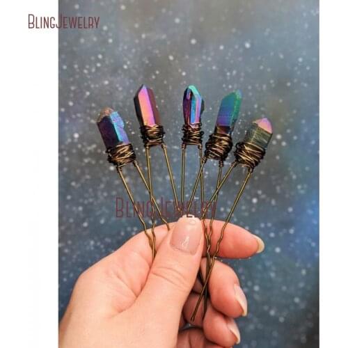 Galaxy Crystal Hair Pins Rainbow Purple Quartz Hair Pin Raw Stone Hair Accessories HJ27800