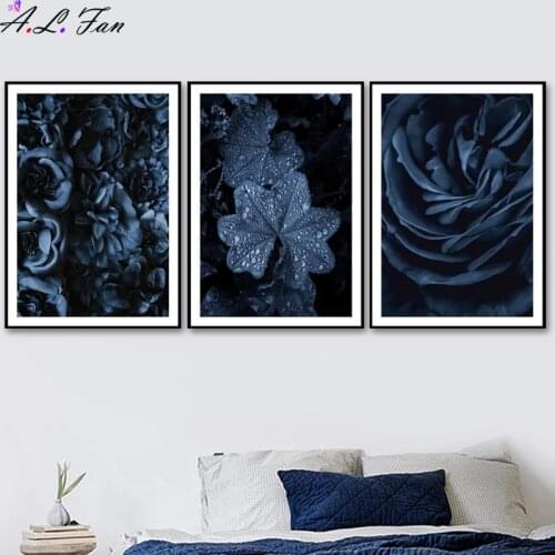 Navy blue peony flower plant leaves canvas painting nordic wall posters and prints pictures for living room home decor