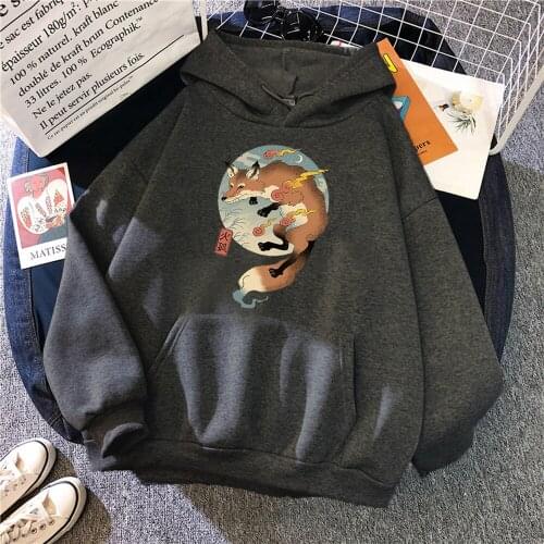 Fire Fox Japanese Ukiyoe Print Hoodies Man Women Casual Loose Hip Hop Streetwear Hoody Harajuku Vintage Fleece Warm Sweatshirts