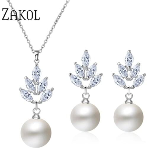 ZAKOL New AAA CZ Zirconia & Simulated Pearl Drop Earrings Pendant Necklace Set Fashion Ceystal Elegant Women Wedding Accessories