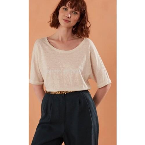 Linen 100% Round Neck Short Sleeve T Shirt - 2019ss Women O Neck White/Orange Pink Tees Top