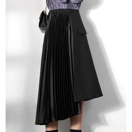 HARLEYFASHION 2020 New Autumn Winter Women Black Irregular A-Line Pleated Skirt And Hight Waist OL Loose Mid-Calf Clothing