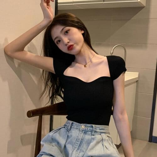 Woman TShirts Square Collar Short Sleeve Knitwear Womens Summer Tight Top Crop Top Mujer Camisetas