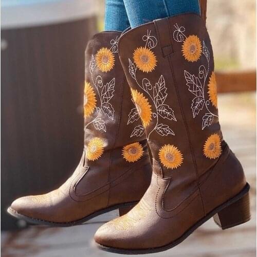 Womens Boots Cowboy Winter Boots Waterproof Over The Knee Boots Ladies Shoes Retro Bohemian Embroidery Boots Botas Mujer 2020