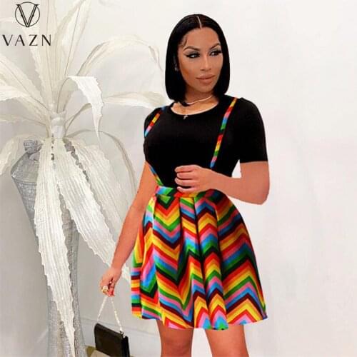 VAZN 2021 Striped Print Vocation Beach Special V-neck 2 Piece Set Summer Women Short Sleeve Top And Mini Skirt