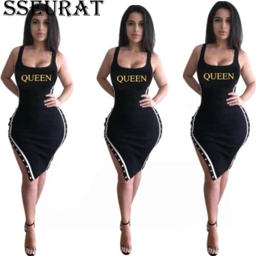 SSEURAT Women Letter Print Sleeveless Bodycon Knee Length Dress Sexy Party Club Bandage Pencil Dresses