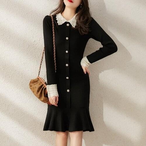 Ladies Fashion Sweet Lace Knitted Sweater Dress Autumn Elegant Single Breasted Slim Mermaid Dress Vestidos De Mujer Casual