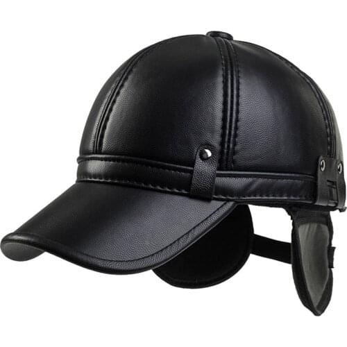 Winter Mens Velvet Warm Baseball Cap With Ears PU Leather Fashion Earmuffs Hats Middle-aged Tongue Caps Snapback Cap