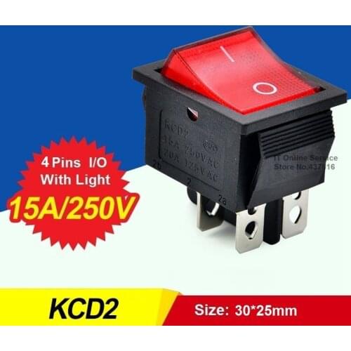 2PCS/lot Rocker Switch With Light 4 Pins I/O Button Power Switch Red Green Lamp 15A 250VAC 20A 125VAC 30*25mm CZKCD2-4P15A