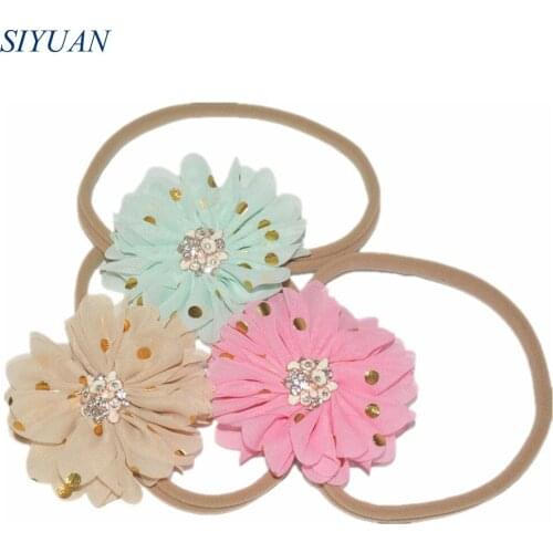 3pcs/lot U Pick Color Girl Nylon Headband with Rhinestone Button Gold Polka Dot Centered Chiffon Flower FD238