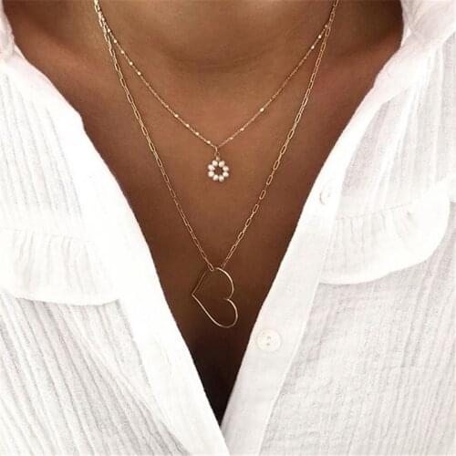 Double Layer Necklace Retro Faux Pearl Pendant Necklace Layered Heart Necklace Long Necklace Chain Neck Jewelry Accessories