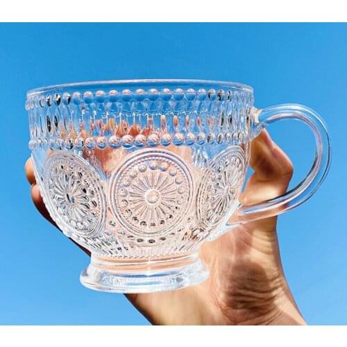 European Retro Embossed Glass Cup Milk Breakfast Mug Coffee Drinkware Water Beer Drinks Wine Cup With Handle Sun Flower 400ml