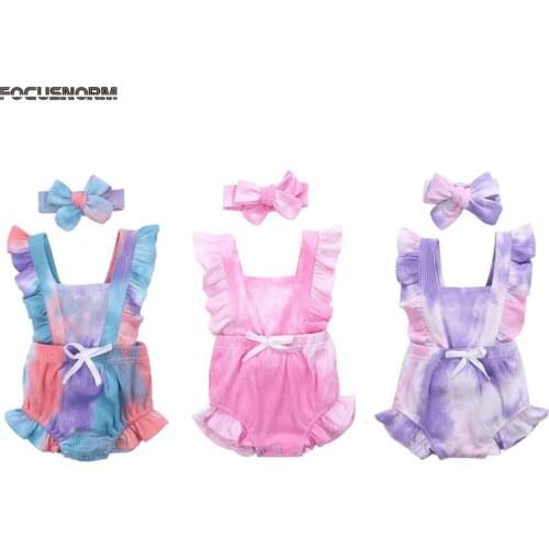 FOCUSNORM 0-24M Toddler Boys Girls Tie-Dye Rompers Headband Ruffles Short Sleeve Printed Backless Jumpsuits 3 Colors