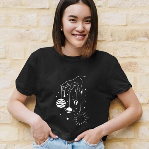 Trendy Planets In Hand T-shirt Aesthetic Hipster Art Top Tee Shirt Cute Women Short Sleeve Graphic Space Tshirt