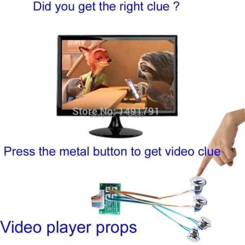 Room escape Takagism game Real Room escape prop video player press metal button to get video clues find puzzle via video clues