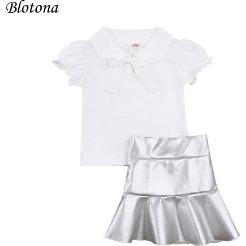 Blotona Girls 2Pcs Suit, Lapel Bowknot Sleeveless Tops and PU Leather Skirt for Birthday Party Vacation 6Months-5Years
