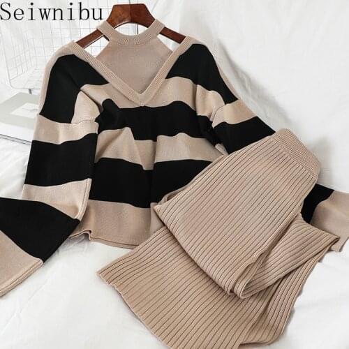 Spring Autumn Temperament Suit Halter Striped Sexy Sweater Straight Slimming Wide Leg Pants Two-Piece Set Women Outfits